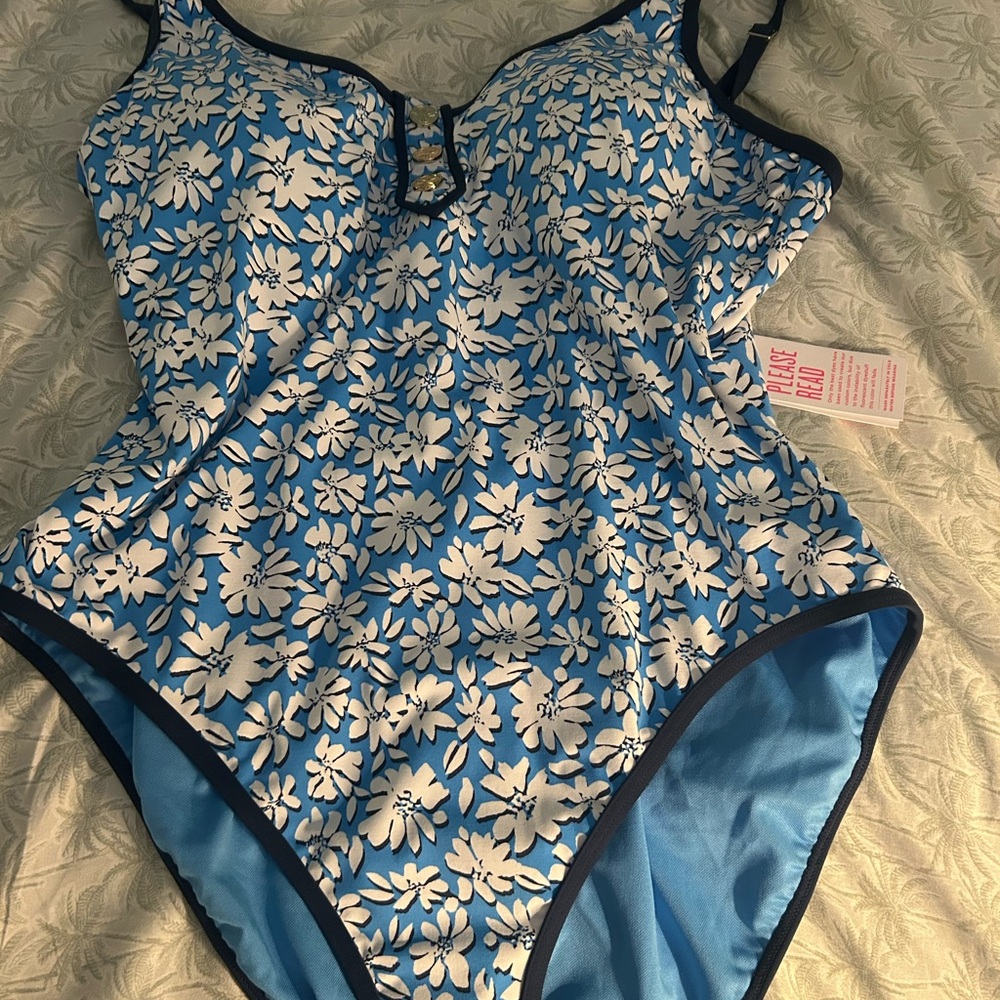 Lilly Pulitzer Luna blue palm beach petals One Piece Swimsuit 12 NEW